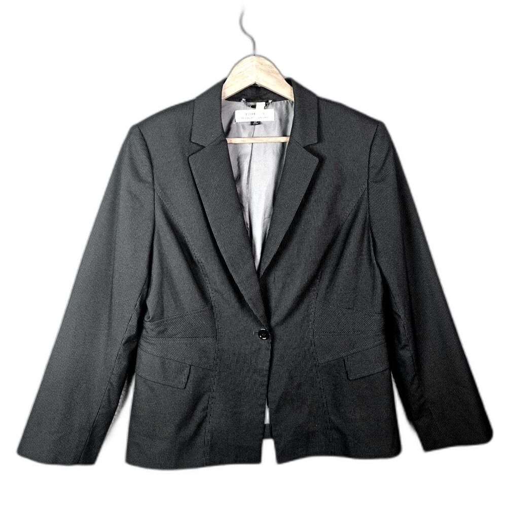 Tahari ASL Blazer Black Gray Pinstripe 12P Structured Career Petite